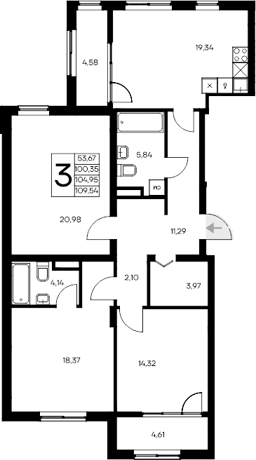 3-комн., 100.35 м²