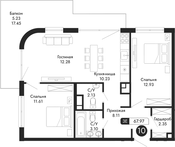 3-комн., 62.74 м²