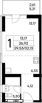 Студия, 29.52 м²