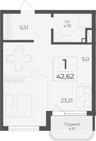 Студия, 38.47 м²