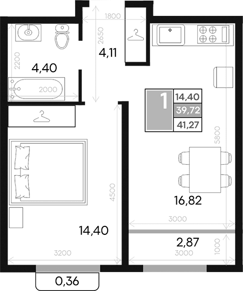 1-комн., 39.72 м²