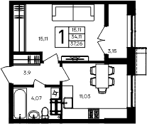 1-комн., 34.11 м²
