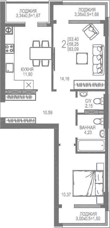 2-комн., 53.4 м²