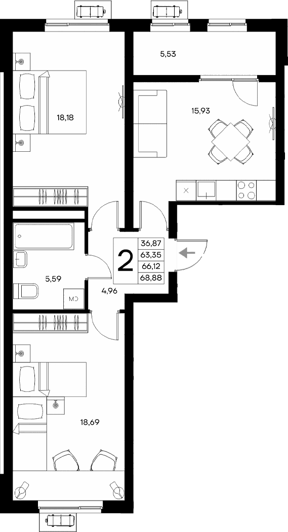 2-комн., 63.35 м²