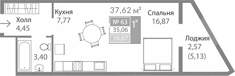 Студия, 32.49 м²