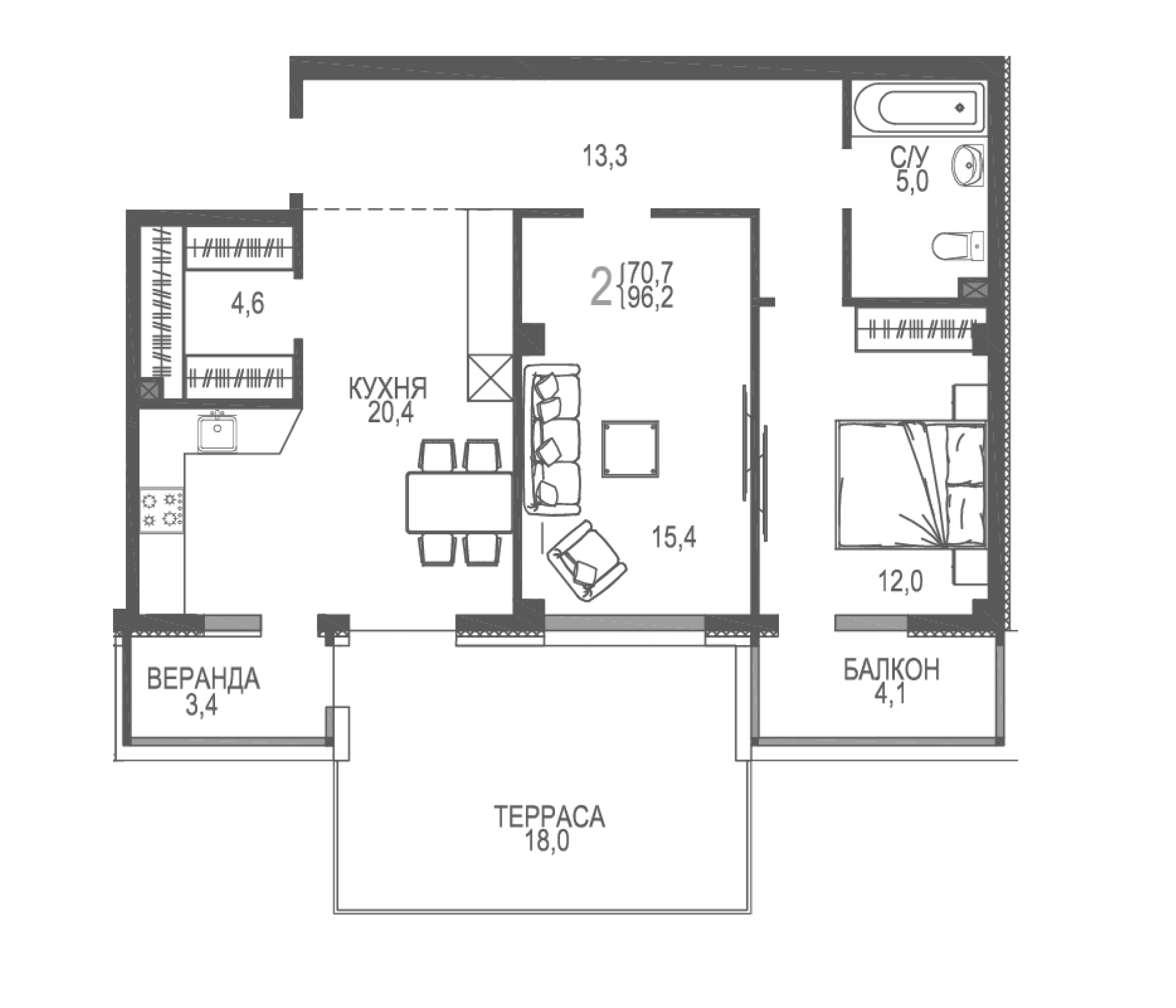 2-комн., 70.7 м²