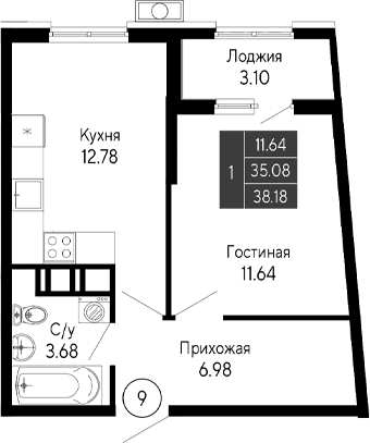 1-комн., 35.08 м²