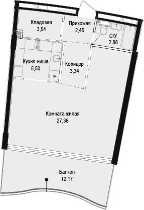 Студия, 45.07 м²