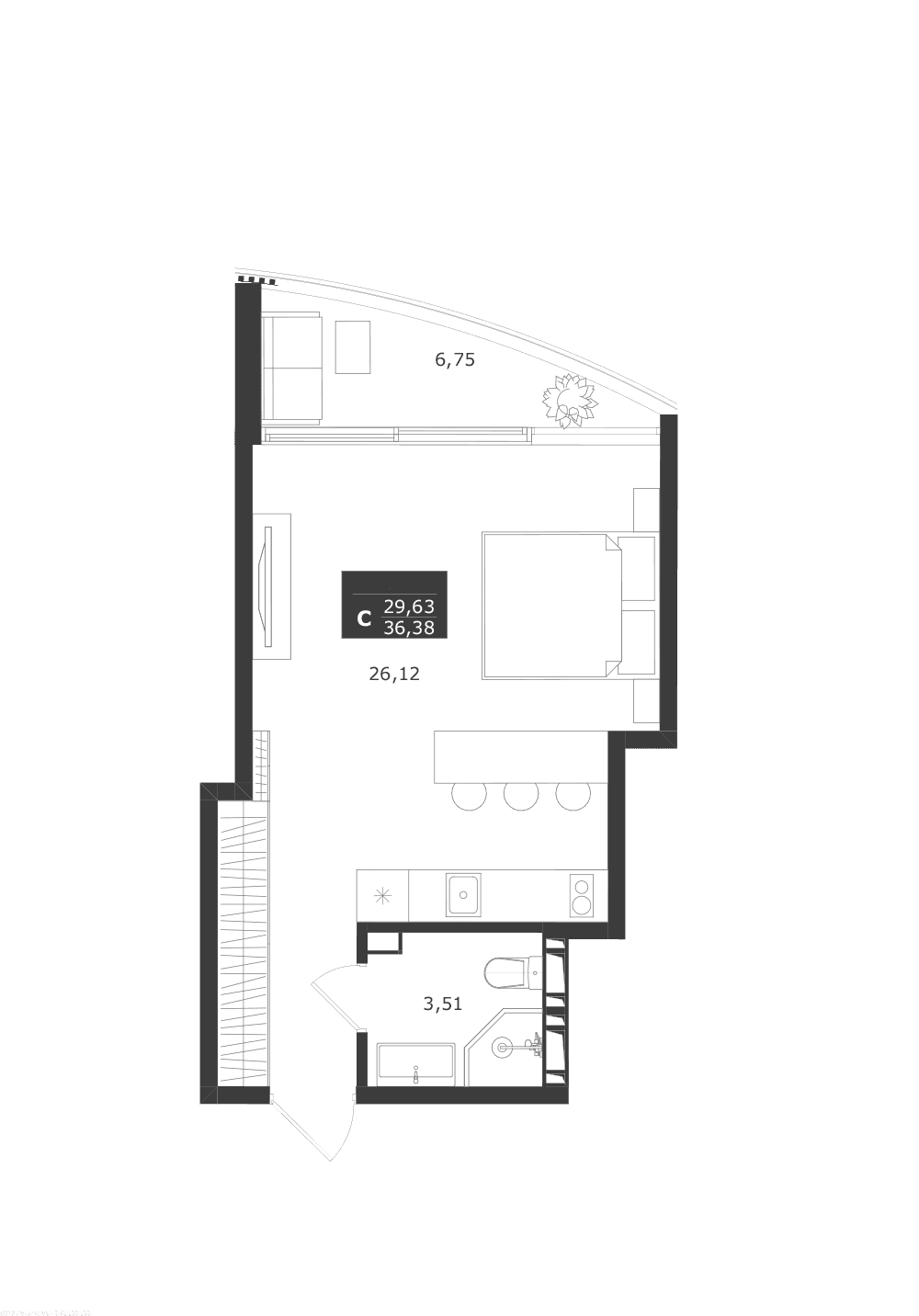 Студия, 29.63 м²