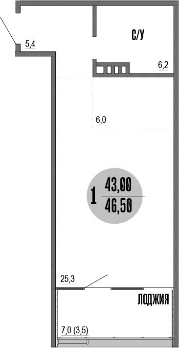 Студия, 43.3 м²