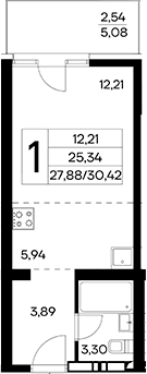 Студия, 27.88 м²