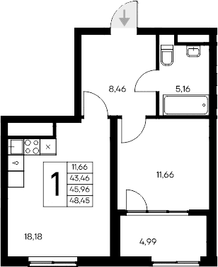 1-комн., 43.46 м²