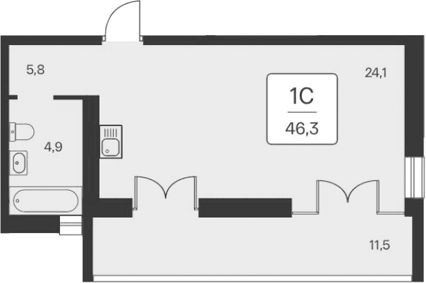 Студия, 34.8 м²