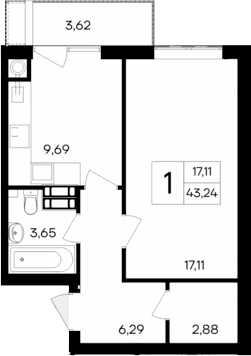 1-комн., 39.62 м²