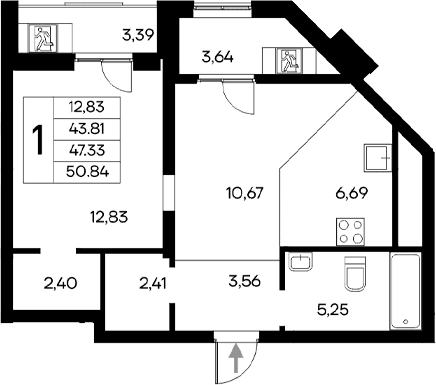 1-комн., 43.81 м²