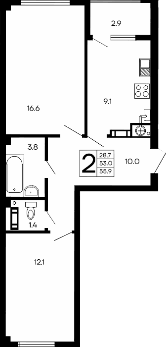 2-комн., 53 м²