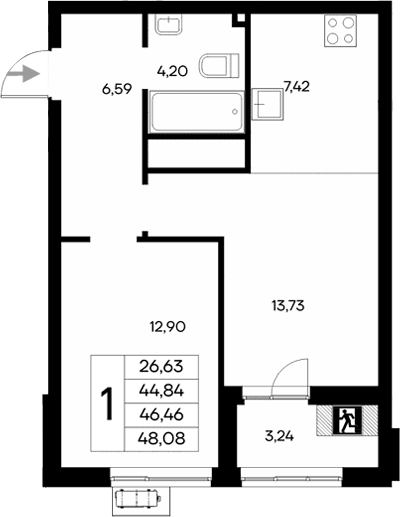 1-комн., 44.84 м²
