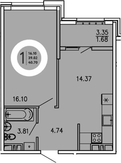 1-комн., 39.02 м²
