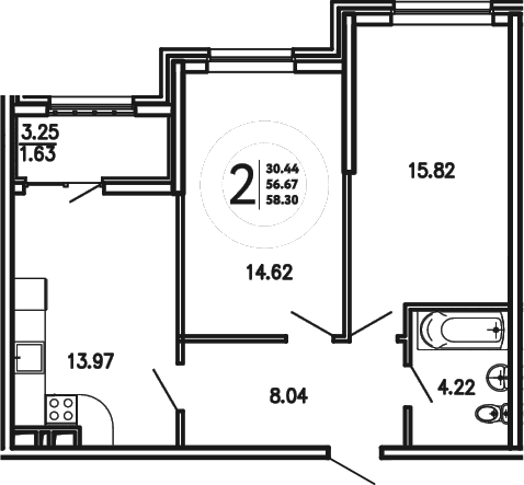 2-комн., 56.67 м²