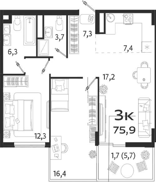 3-комн., 70.2 м²