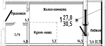 Студия, 27.8 м²