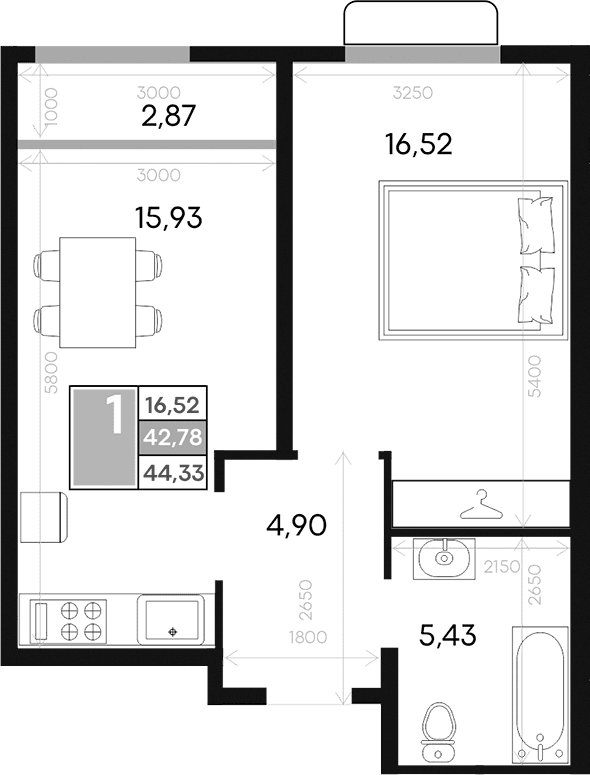 1-комн., 42.78 м²