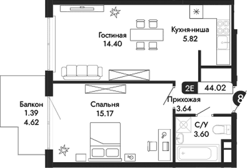 2-комн., 42.63 м²