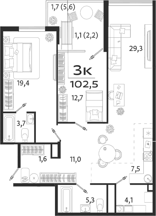 3-комн., 94.5 м²