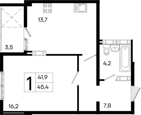 1-комн., 41.9 м²