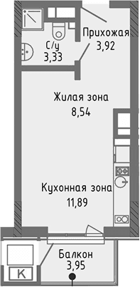 Студия, 27.68 м²