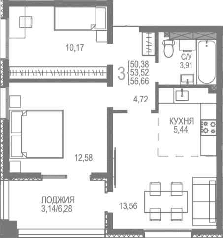 2-комн., 53.52 м²