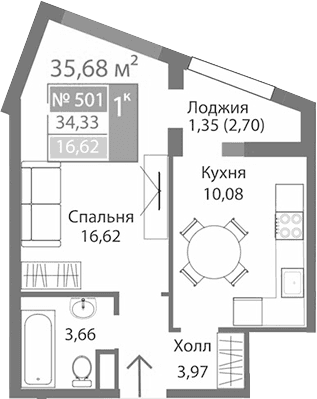 1-комн., 34.33 м²