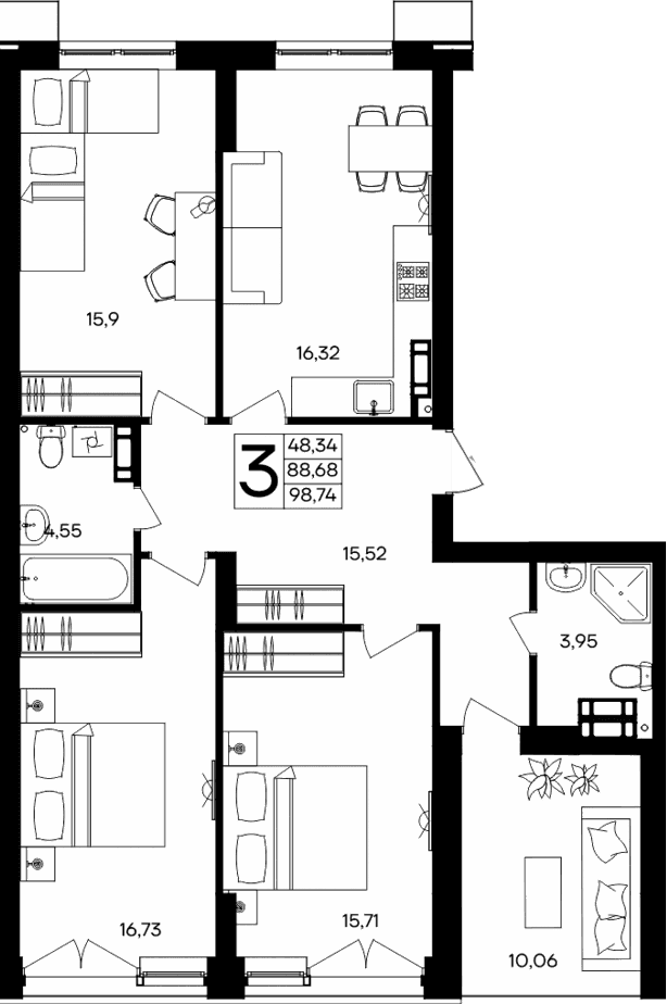 3-комн., 88.68 м²
