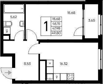 1-комн., 46.15 м²