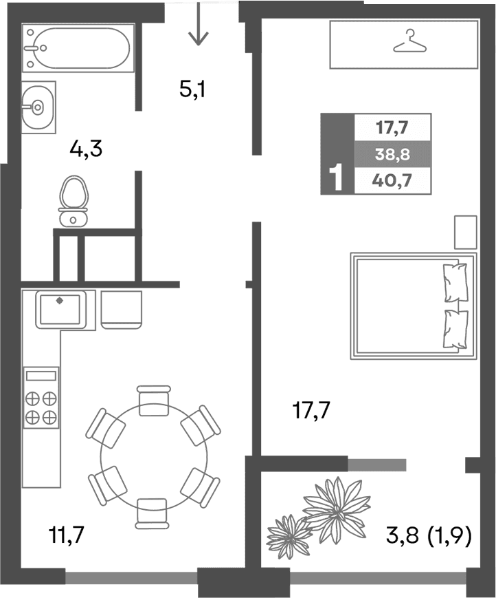 1-комн., 38.8 м²