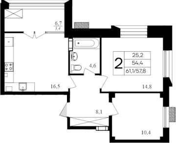 2-комн., 57.7 м²