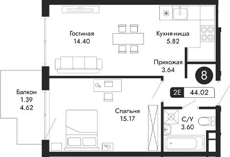2-комн., 42.63 м²