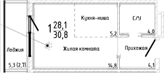 Студия, 28.1 м²