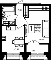 1-комн., 34.61 м²