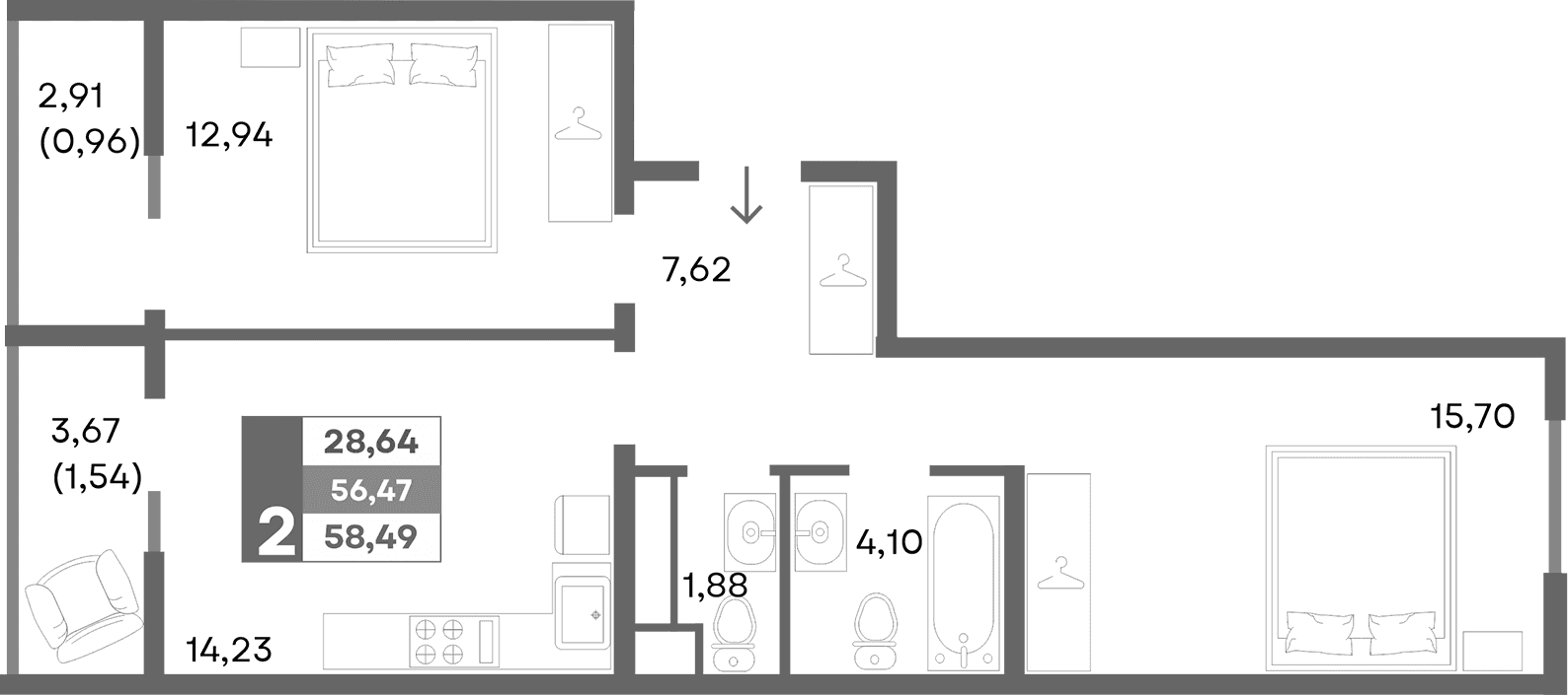 2-комн., 55.99 м²