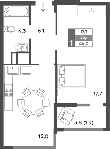 2-комн., 42.1 м²