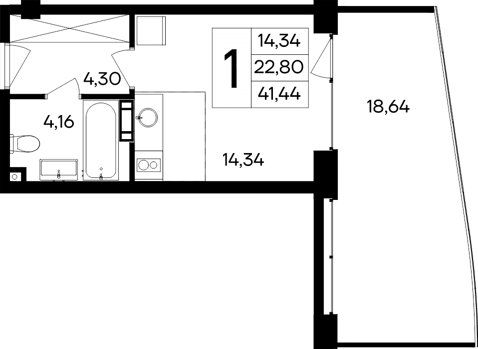 Студия, 22.8 м²