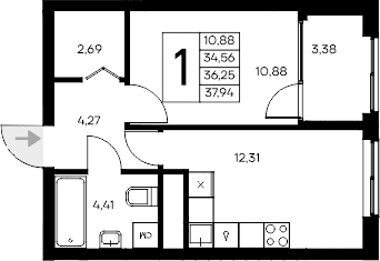 1-комн., 34.56 м²