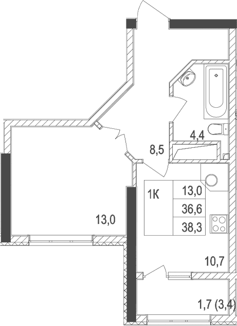 1-комн., 36.6 м²