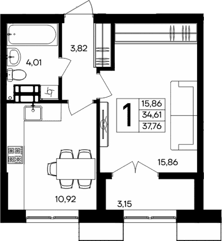 1-комн., 34.61 м²