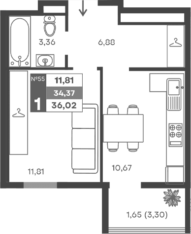 1-комн., 32.72 м²