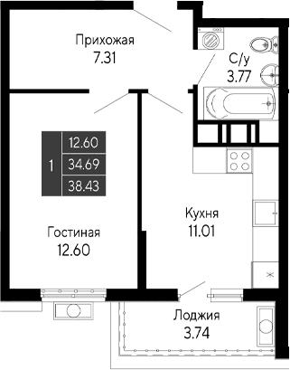1-комн., 34.69 м²