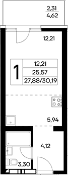 Студия, 27.88 м²