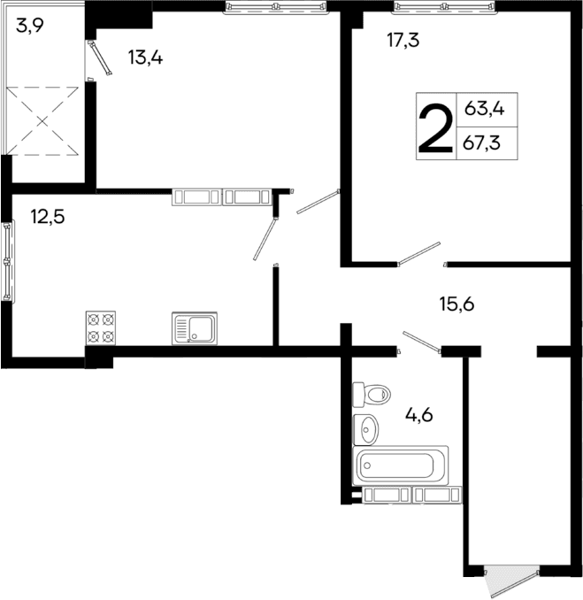 2-комн., 63.4 м²