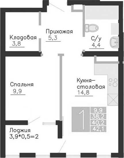 1-комн., 38.2 м²